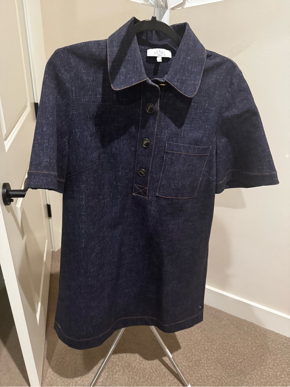 Pearl Navy Short-Sleeve Denim-Style Kids Dress with Patch Pocket